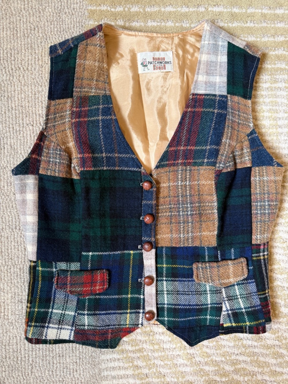 Vintage wool Patchworks Plaid Wool Vest in Green, Navy & Tan